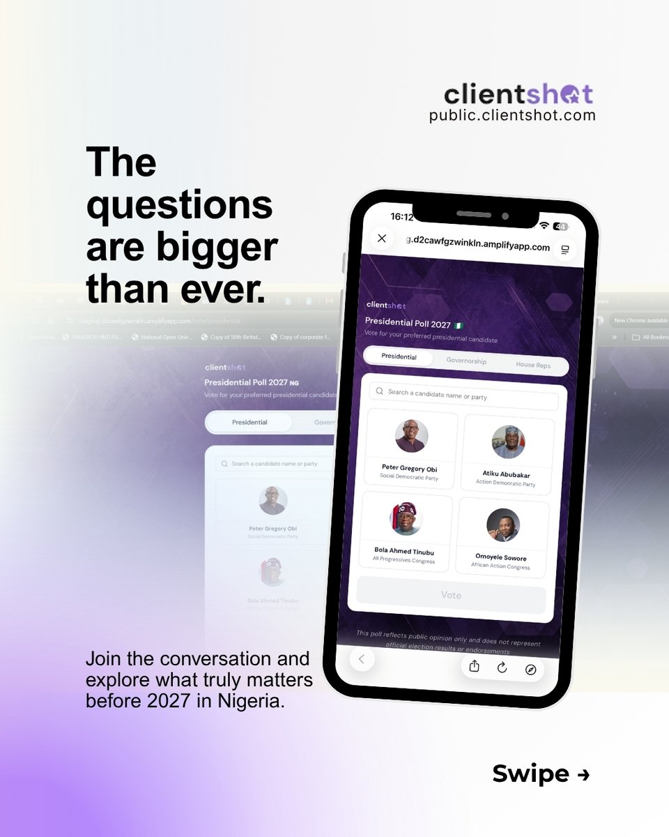 clientshot_'s tweet photo. The election conversation is bigger than candidates.
What will Nigerians actually be talking about before 2027?

Economy | Jobs | Security | Healthcare | Education | Cost of living | Leadership | Infrastructure

Not just who is running
What is at stake.
The questions are bigger. https://t.co/IkpjKayj18