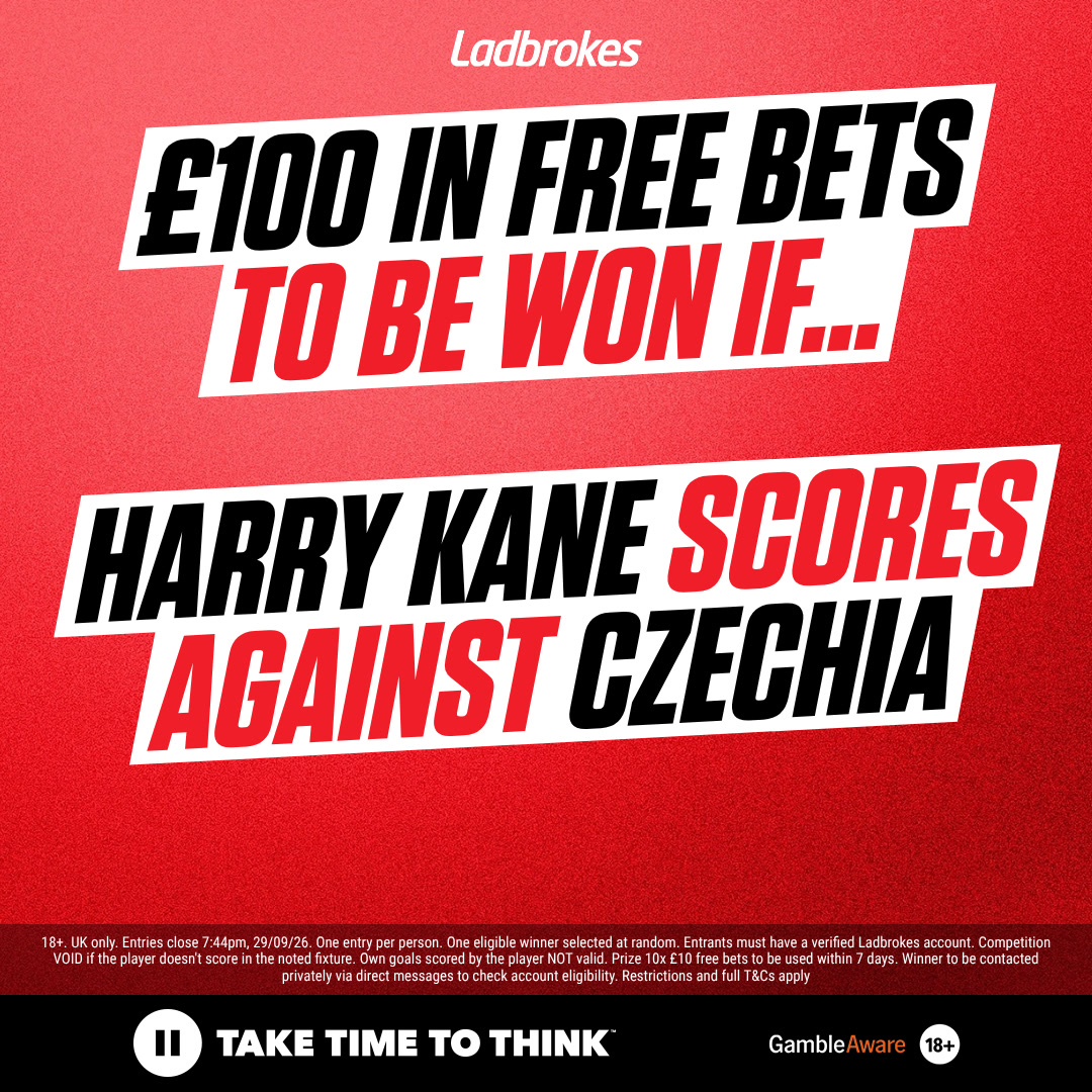 Ladbrokes's tweet photo. If Harry Kane scores tonight against Czechia, one of YOU will win £100 in free bets 🤑  

1️⃣ Reply to this post with your score prediction for Czechia vs England
2️⃣ Repost and like this post 
3️⃣ Follow @Ladbrokes

One eligible entrant will be selected at random and win the prize 🙌

Entries Open: 4pm 29/09/2026 - 7:44pm 29/09/2026.

FULL T&C'S: https://t.co/21L800b7JZ