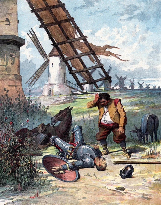 A painting of Don Quixote and Sancho Panza at a windmill