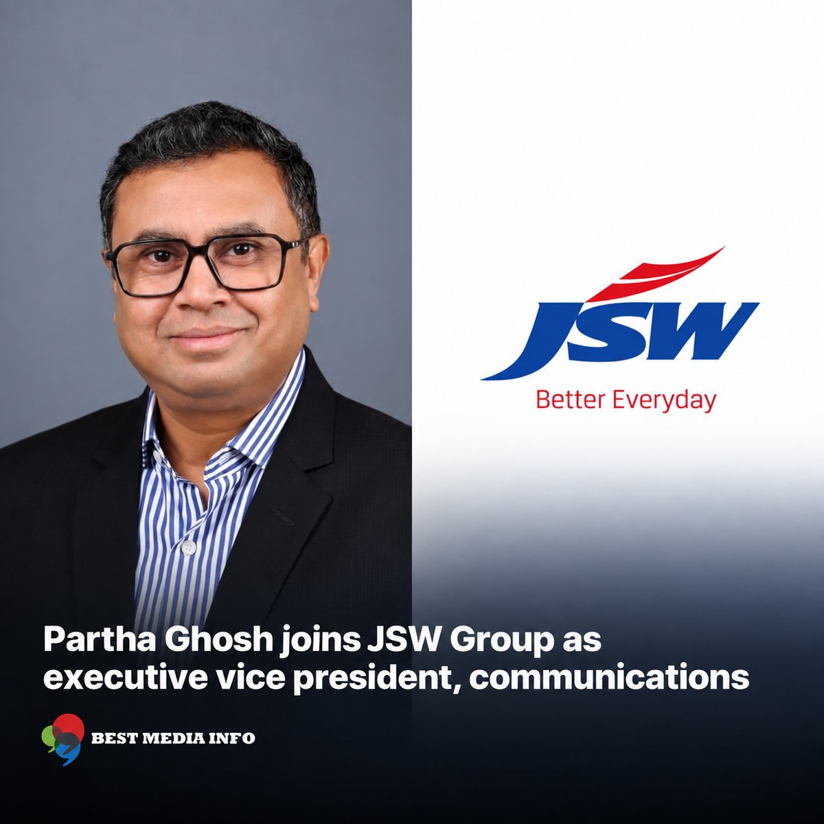 BestMediaInfo's tweet photo. Partha Ghosh joins JSW Group as executive vice president, communications 

https://t.co/fGTp74OpmQ 

#SamsungElectronics #JSWGroup #AirIndia #Vicepresident https://t.co/msxGYUivXY