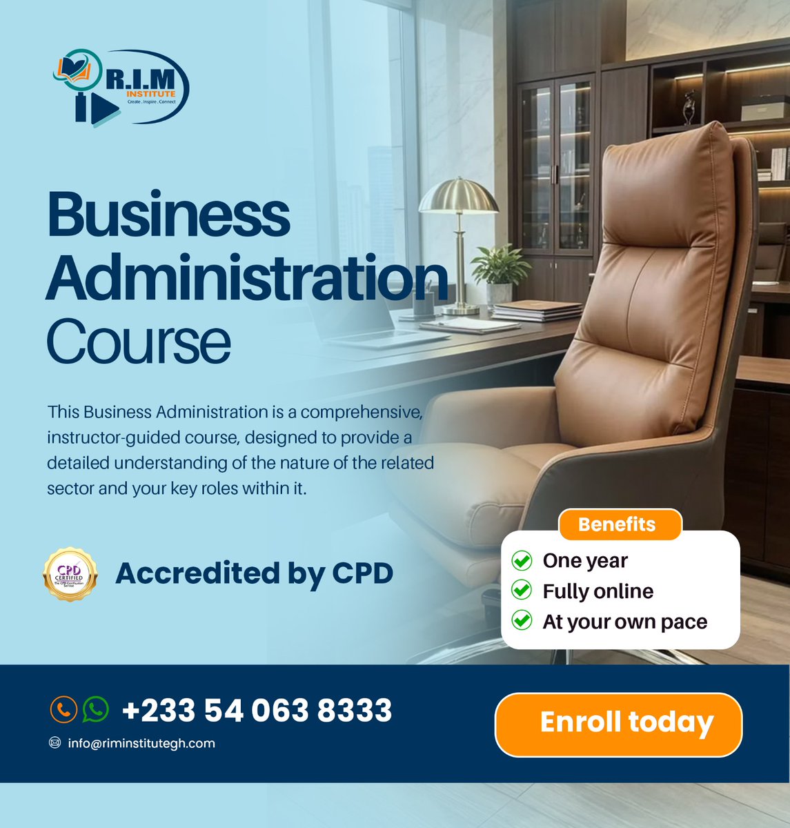 RIM_Institute's tweet photo. Master the art of running successful business operations! 

Our CPD Accredited Business Administration Course delivers in-depth, instructor-guided training designed to enhance your understanding of corporate structures, management roles, and essential administrative techniques. https://t.co/f351e3fLgY