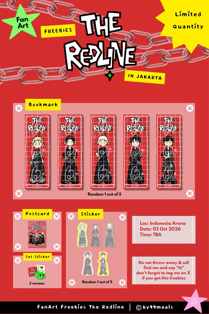 by99meals's tweet photo. ❇️ NEOCITY 5 : THE REDLINE IN JAKARTA ❇️
Freebies by @by99meals 

📍: Indonesia Arena 
📆: 03 Oct 2026
🕘: TBA    

How to claim: 
- just find me and say hi 
- kindly tag me if you get one 
- limited qty 

#NCT127 #TheRedlineInJakarta #NCT127inJakarta #엔시티127 https://t.co/BI6KswasW4