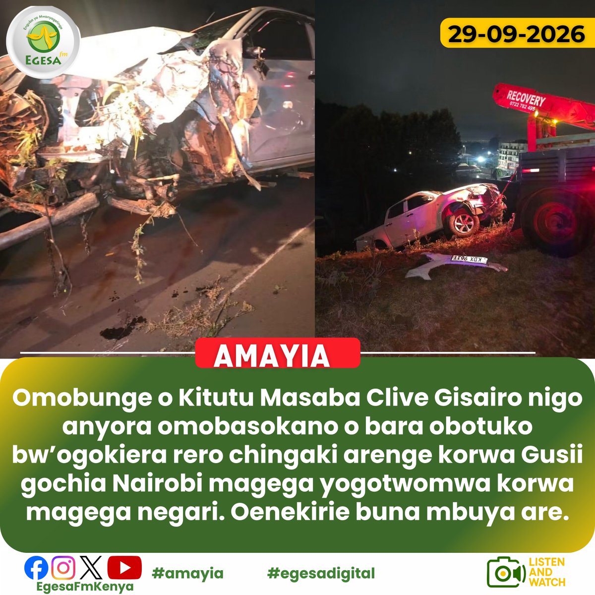 EgesaFMKenya's tweet photo. Kitutu Masaba MP Clive Gisairo unhurt after pickup truck rear-ends his car on his way to Nairobi. ^G.O
#egesadigital https://t.co/iESO7dWa85