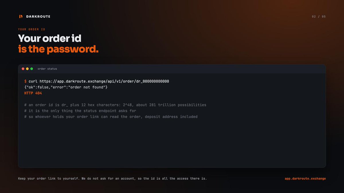 darkrouteRH's tweet photo. Your DarkRoute order id is the password.

An id is dr_ plus 12 hex characters, about 281 trillion possibilities, and it is the only thing the status page asks for. There is no account behind it, which is the point, and which also means whoever holds your order link can read your order, deposit address included.

So keep the link to yourself. Do not paste it in a group chat to ask why it is taking long. Paste the transaction hash instead.

https://t.co/ji1566E6kt