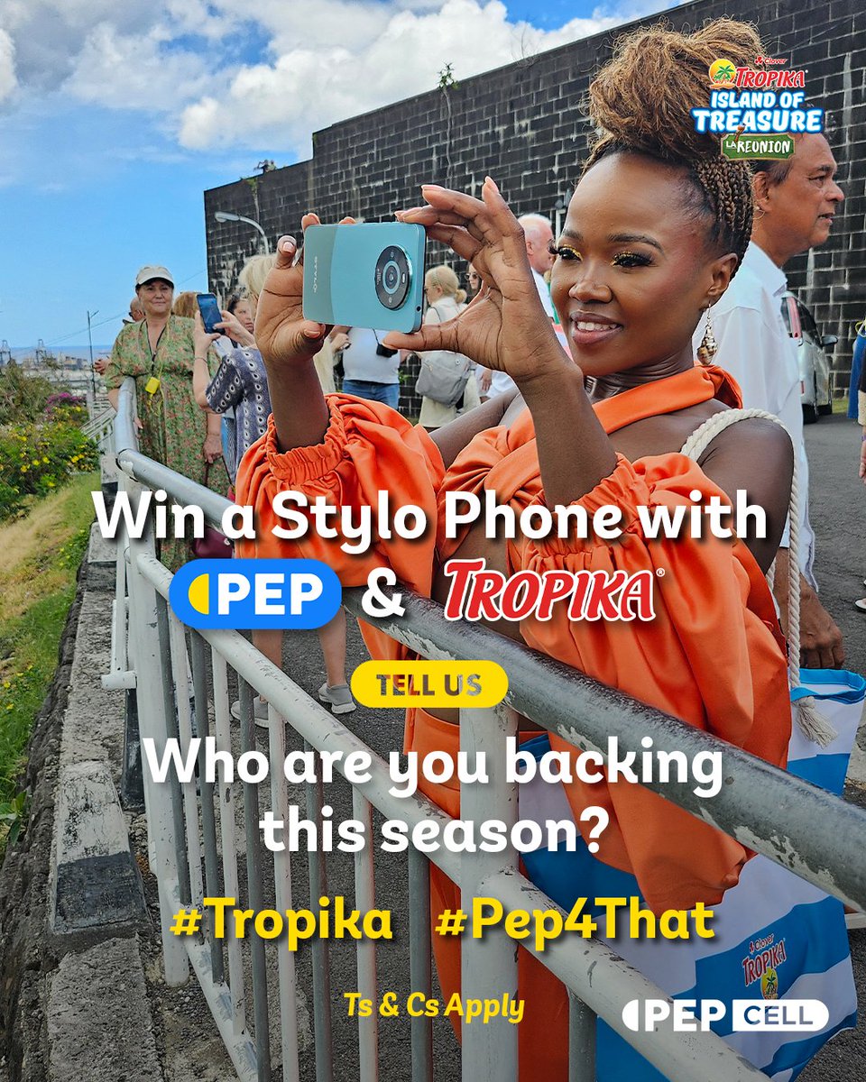 MyTropika's tweet photo. Win a Stylo Phone with @PEPStores_SA and Tropika! 📱✨

Who are you backing this season? 💪 Drop a comment with the team you think will be crowned our Season 12 champions and use #Tropika and #Pep4That to enter. T&amp;Cs apply.

#IslandofTreasure #TIOTReunion https://t.co/t5iLZMmuWz