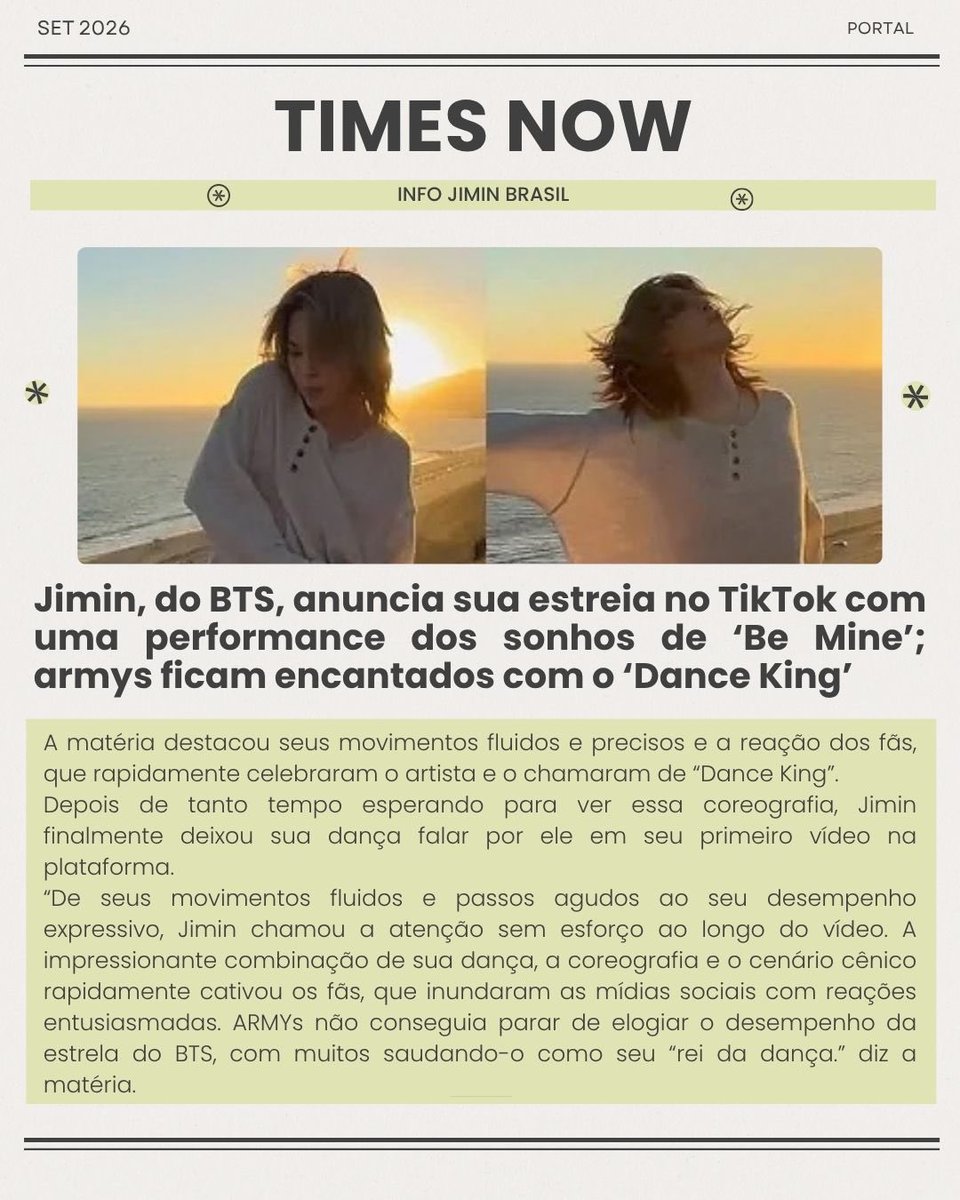 info_jimin's tweet photo. O Times Now destacou a aguardada estreia de Jimin no TikTok, que escolheu apresentar uma coreografia inédita de “Be Mine”, faixa de seu álbum MUSE.

A matéria destacou seus movimentos fluidos e precisos e a reação dos fãs, que rapidamente celebraram o artista e o chamaram de “Dance King”.

Depois de tanto tempo esperando para ver essa coreografia, Jimin finalmente deixou sua dança falar por ele em seu primeiro vídeo na plataforma.

• https://t.co/HJybMASF8v

#JIMIN #지민 #ジミン