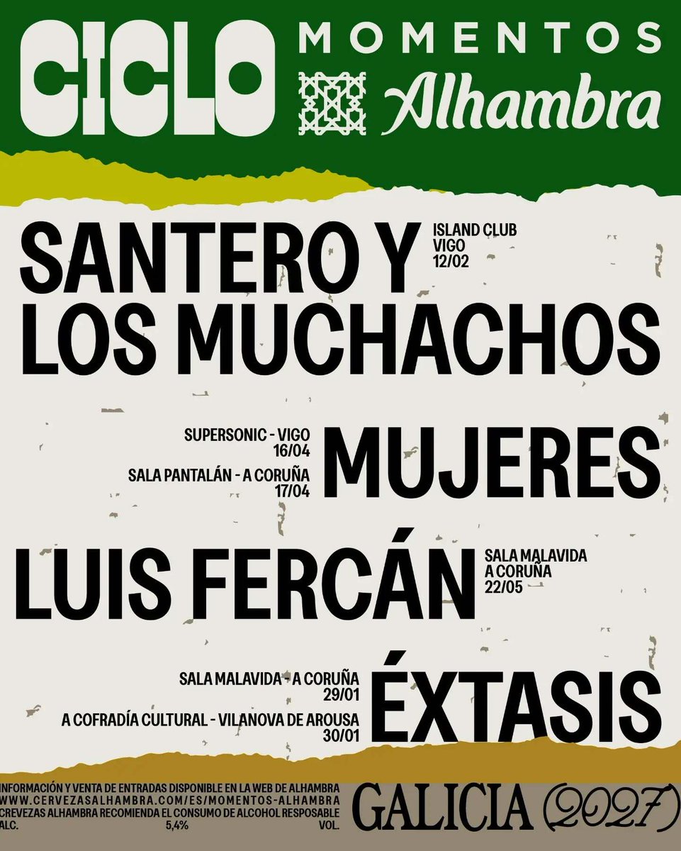 silcerino's tweet photo. #Coruña | O ciclo Momentos Alhambra anuncia a súa programación para 2027 coas actuacións de Éxtasis (29 de xaneiro), Mujeres (17 de abril) e Luis Fercán (22 de maio) na cidade da Coruña. 

As entradas sairán á venda 
https://t.co/O1Rs7mqbsx https://t.co/DNSzD1O81L