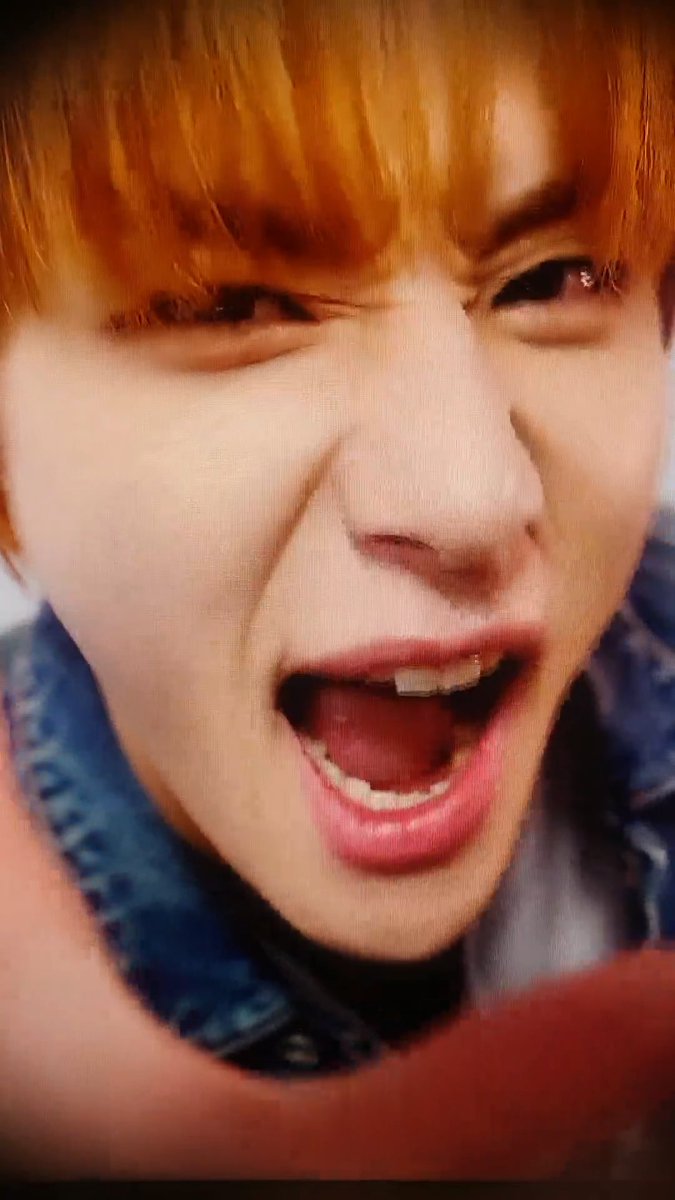 A close-up photo of a young person with orange-dyed hair, wearing a denim collar, making an exaggerated facial expression with an open mouth.