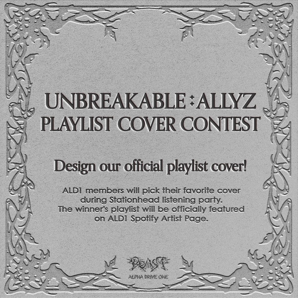 ALD1_official's tweet photo. "ALLYZ, SHOW US YOUR BEAST COVER!"

Submission Period
: From now ~ Oct 2, 2026, at 11:59 PM (KST / GMT+9)

Create a Spotify playlist with your own cover art including keyword "#ALLYZBEAST" in title.
Don't forget to submit through form with your cover art and playlist link!
https://t.co/GUEwEgh2S3  

Can't wait to see your cover arts! You will hear the contest result during our stationhead listening party!

#ALLYZBEASTCOVER
#ALPHADRIVEONE #ALD1
#알파드라이브원 #UNBREAKABLE_少年BEAST
