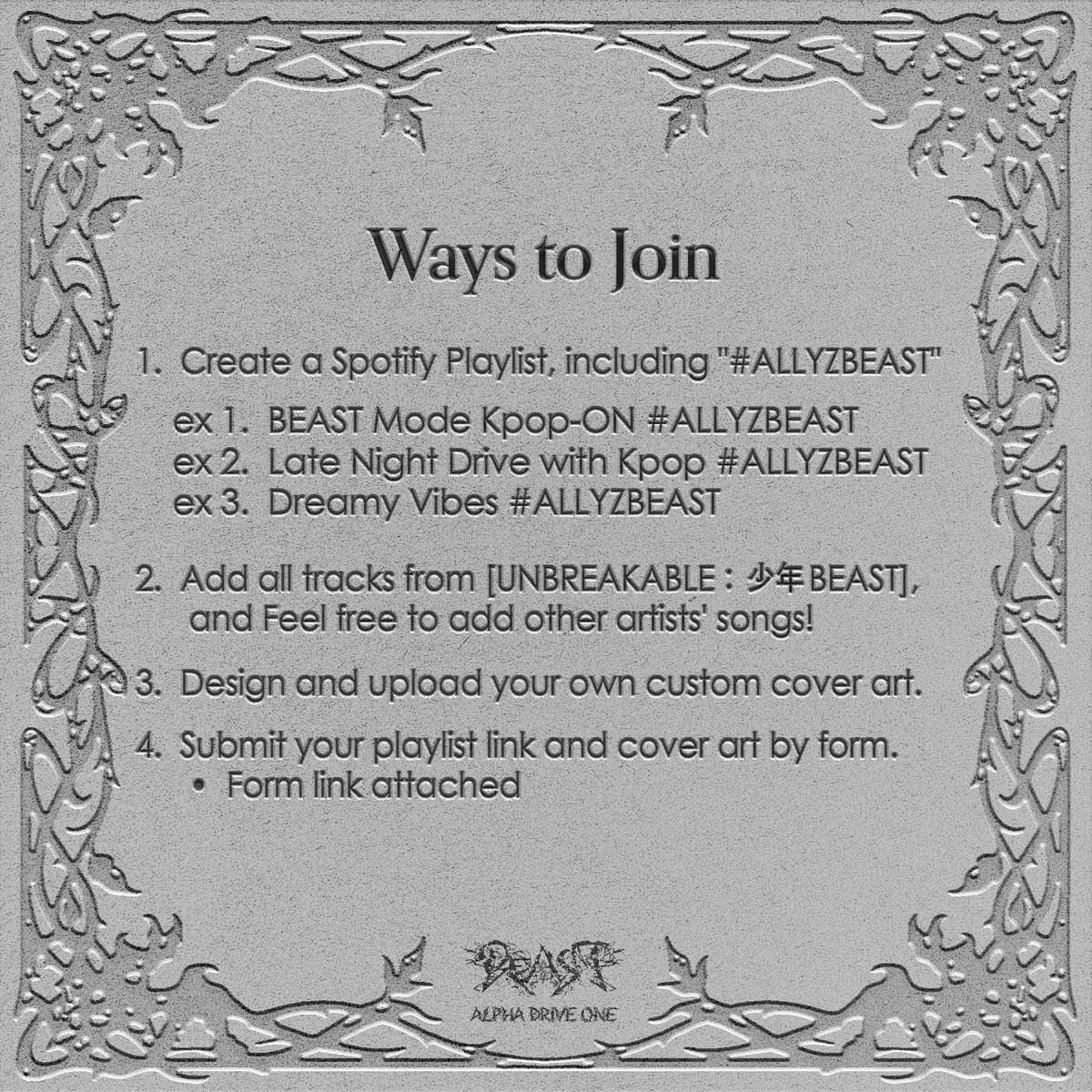 ALD1_official's tweet photo. "ALLYZ, SHOW US YOUR BEAST COVER!"

Submission Period
: From now ~ Oct 2, 2026, at 11:59 PM (KST / GMT+9)

Create a Spotify playlist with your own cover art including keyword "#ALLYZBEAST" in title.
Don't forget to submit through form with your cover art and playlist link!
https://t.co/GUEwEgh2S3  

Can't wait to see your cover arts! You will hear the contest result during our stationhead listening party!

#ALLYZBEASTCOVER
#ALPHADRIVEONE #ALD1
#알파드라이브원 #UNBREAKABLE_少年BEAST
