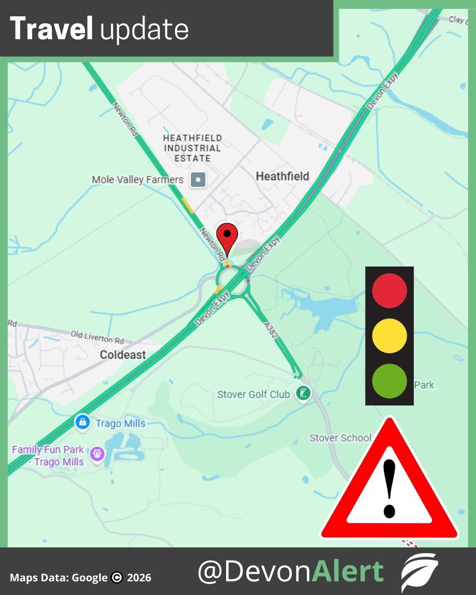 DevonAlert's tweet photo. 10.00am - 29/09/2026
There are reports that some of the traffic lights on the A382 at Drumbridges Roundabout are out. These are on the approach from the Heathfield/Bovey Tracey side.
Engineers are aware, but please approach with caution. NG #Devon @BBCDevon @StagecoachSW https://t.co/KNri5QE69Z