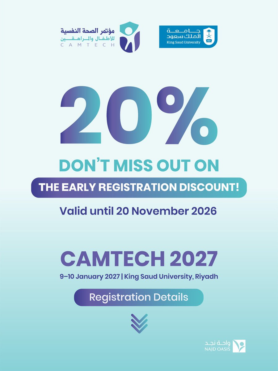 Najd_oasis's tweet photo. Don’t miss out on the Early Registration Discount!

Register now and secure your spot at CAMTECH 2027.

📍 Location: King Saud University, Riyadh, Saudi Arabia – KSU
📅 Date: 9–10 January 2027

🔗 Registration: https://t.co/03QbgFxbHE

#CAMTECH #MentalHealth #KSU #NajdOasis https://t.co/kbZMGKbA7D