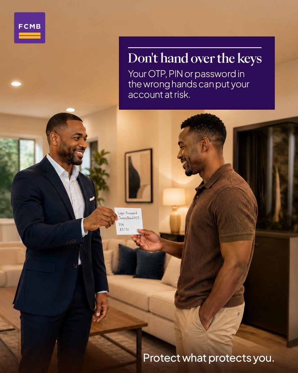 MyFCMB's tweet photo. Guard your access as closely as your portfolio.

With thousands moving fast on the Dangote Petroleum Refinery IPO, fraudsters are looking for openings.

FCMB will never ask you for your sensitive information, don't share your OTP, PIN, or password with anyone.

Send an email to frauddesk@fcmb.com to report suspicious activity on your account.

#FCMB #DangoteIPO #FraudAwareness
