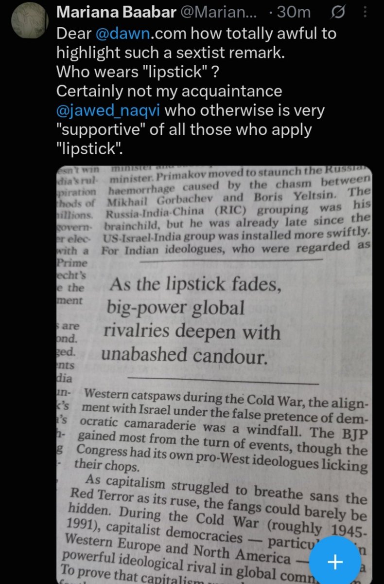 AasmaaHaq's tweet photo. @MarianaBaabar Striking double standard. You call Dawn's "lipstick" metaphor sexist, yet describe Ayub as "handsome hunk" with "hearts fluttering," say "flirting came easy," and call it "charming." Why is framing objectionable in one context, but charming nostalgia in another? https://t.co/H2KHUDcCxf