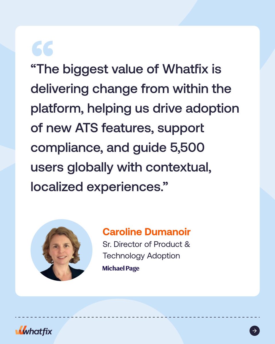 whatfix's tweet photo. PageGroup has 5,500 recruiters globally. 🌍

The challenge? Making sure every recruiter could work effectively, consistently, and compliantly across regions.

With Whatfix DAP + Product Analytics, PageGroup connected insight with action: identifyingspotting friction, guiding recruiters in the moment, and scaling change directly inside their workflows.

What changed? 97% successful self-service resolution.

➡️ Swipe to see the full impact https://t.co/hyyf4NDRJS

#whatfix #digitaladoption #productanalytics #changemanagement #customerclickswithwhatfix
