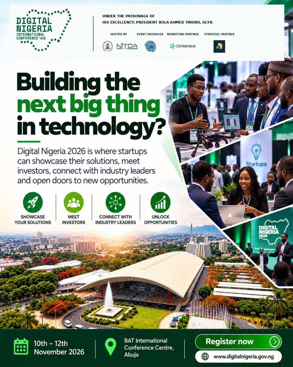DNIConference's tweet photo. Your Next Big Break Could Start Here!

Got a bold idea? Built a game-changing solution? Digital Nigeria 2026 is where innovators meet investors, industry leaders and the opportunities that can take their ideas further.

Showcase. Connect. Pitch. Build what’s next.

10–12 November 2026 | Abuja

Register now: https://t.co/IwhP94aNbB