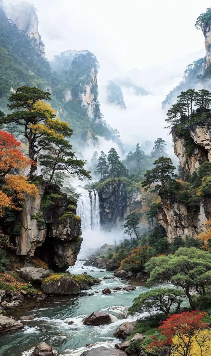 c_claytor_141's tweet photo. The Shanxi valley breeze blows through the stream, a hired horse rests by the cliff, and the waterfall gushes with fresh mist. https://t.co/V2SfFKMOED