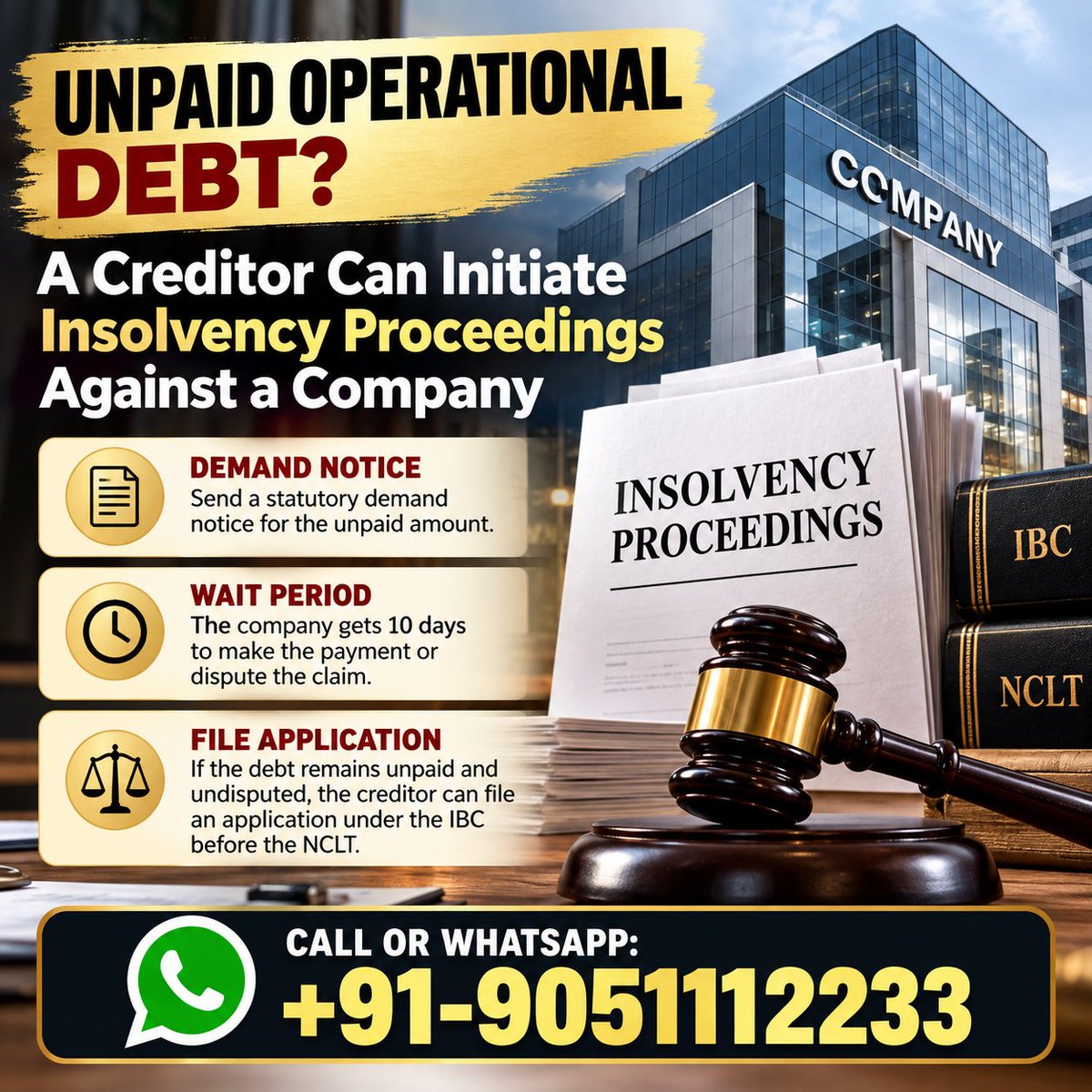 drakmphd's tweet photo. Can a creditor initiate insolvency proceedings against a company over an unpaid operational debt? 
Call or WhatsApp: +91-9051112233  
#IBC #InsolvencyLaw #DebtRecovery https://t.co/G0B8xfHVsL