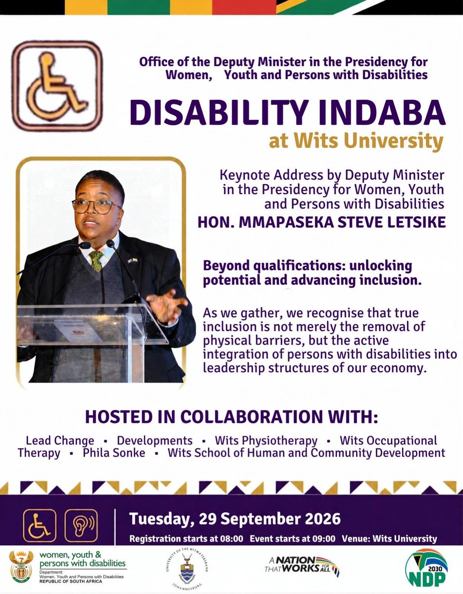 msletsike's tweet photo. I join the Wits University this morning at the Disability Indaba under the theme “Beyond qualifications: unlocking potential &amp; advancing inclusion” in which I regard as a critical shift in how we approach employment,education, and social integration for people with disabilities. https://t.co/TFE86CCYF9