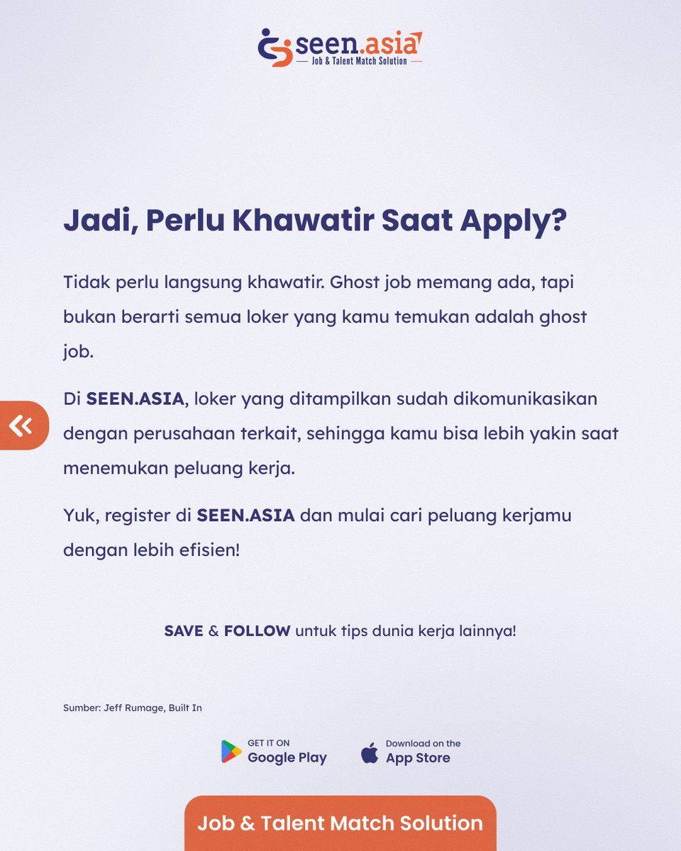 Seen_Asia's tweet photo. Jangan Sampai Terjebak Ghost Job Saat Apply Kerja 👻

Tidak semua loker yang muncul berarti perusahaan sedang aktif merekrut. Kenali ghost job agar waktu apply-mu tidak terbuang. CEK Selengkapnya di bawah ini 👇

SAVE &amp; FOLLOW untuk tips dunia kerja lainnya!😆

Good luck! 🚀 https://t.co/40u2L0n5X9
