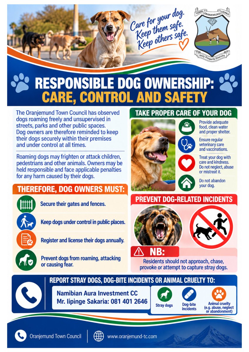 OranjemundTC's tweet photo. 🐾 Responsible Dog Ownership: Care, Control and Safety

Caring for your dog also means keeping others safe. Secure your gates &amp; fences, keep dogs under control in public, register &amp; license them annually.

📞 Report stray dogs, dog-bite incidents or animal cruelty: 081 401 2646 https://t.co/fcuydGrzaY