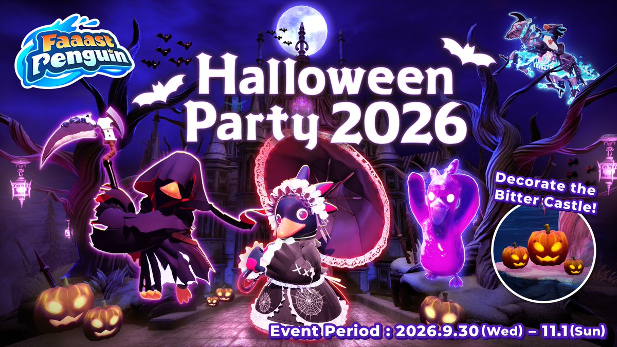 FaaastPenguin's tweet photo. 【Announcement】
 [Halloween Party 2026] to be held!

Event Period: 9/30 (Wed) 21:00 PDT – 11/1 (Sun) 20:00 PST
Get items at the challenge and the shop!

Trick or treat! Give me some canned mackerel, or I’ll play a trick on you!

#FaaastPenguin https://t.co/iqUNm6gTpS