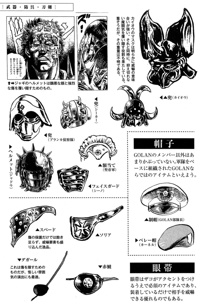 falco199x's tweet photo. L'équipement indispensable pour survivre après l'apocalypse, selon Hokuto no Ken Seikimatsu Zako Densetsu (Tokuma Shoten, 2017) : casques, masques et cache-œil. Le livre le reconnaît lui-même, tout ça sert moins à protéger qu'à cacher le visage. Et le cache-œil ? « L'accessoire indispensable du zako, qui intimide rien qu'en le portant. » #hokutonoken #北斗の拳