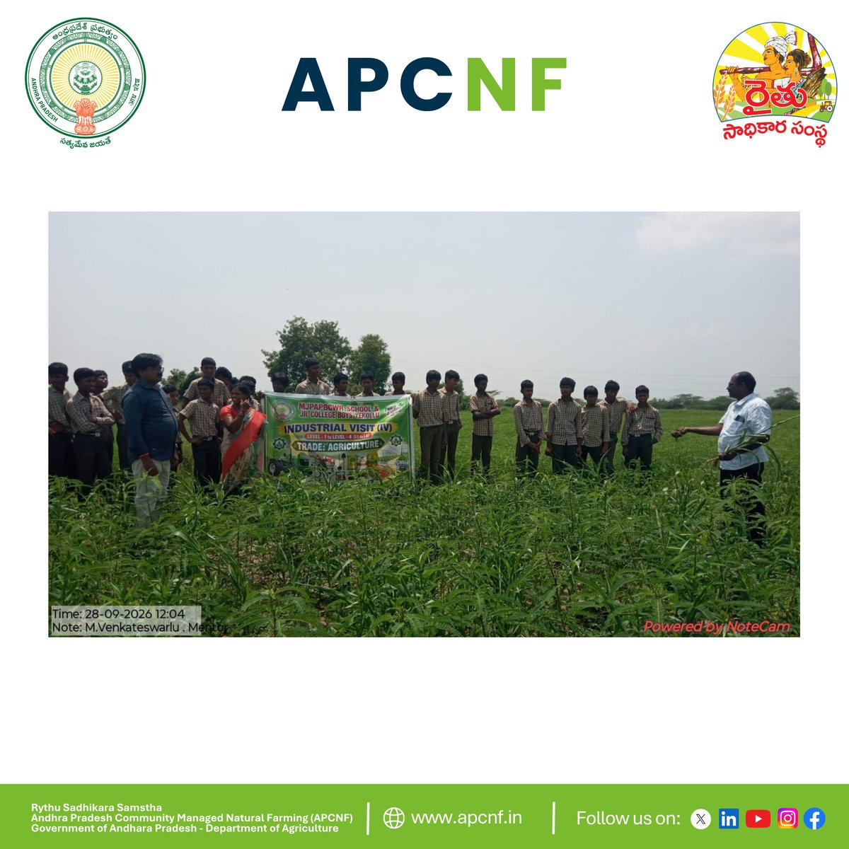 APZBNF's tweet photo. Students of Classes 9 and 10 from the BC Residential School, Doravarisatram Mandal, visited the ATM Model farm at Thallampadu village in Tirupati district on 28 September 2026. The exposure visit was facilitated by M. Venkateswarlu @iggaarl Mentor, Tirupati District, who guided the students through various #NaturalFarming practices and concepts.  

During the visit, the students explored a wide range of vegetable, biodiversity crops, and tree species maintained in the ATM Model. M. Venkateswarlu explained how plants absorb nutrients, the role of root exudates in RDS (PMDS) crops under the A Grade Model, and the importance of soil microorganisms in sustaining soil fertility. He also educated the students on the differences between indigenous and Jersey cattle and highlighted the adverse effects of excessive chemical fertilizer use on soil health.  The visit provided valuable insights into how Natural Farming supports healthy food production, ecological balance, and environmental sustainability, inspiring students to better understand the connection between agriculture, health, and nature. 

@vijaythallam @AndhraPradeshCM @ap_agriculture
@icarindia @FCGulbenkian @FoodPlanetPrize @rajbudithi65 

#SoilHealth #Biodiversity #FutureFarmers #StudentExposureVisit #ExperientialLearning #AgriEducation #HealthyFoodHealthySoil #IndigenousCattle #SustainableAgriculture