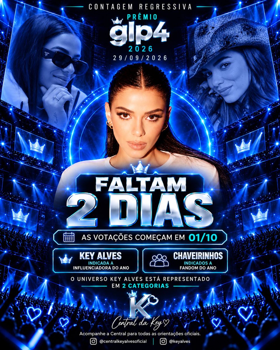 Central_Da_Key's tweet photo. ⏳ FALTAM 2 DIAS!

Na próxima quinta-feira, 01/10, começa a votação do Prêmio GLP4 2026. Key Alves está indicada a Influenciadora do Ano e os Chaveirinhos a Fandom do Ano. 💙

Seguimos juntos nessa contagem regressiva!

#KeyAlves #PremioGLP4 #Chaveirinhos https://t.co/70QN5BM327