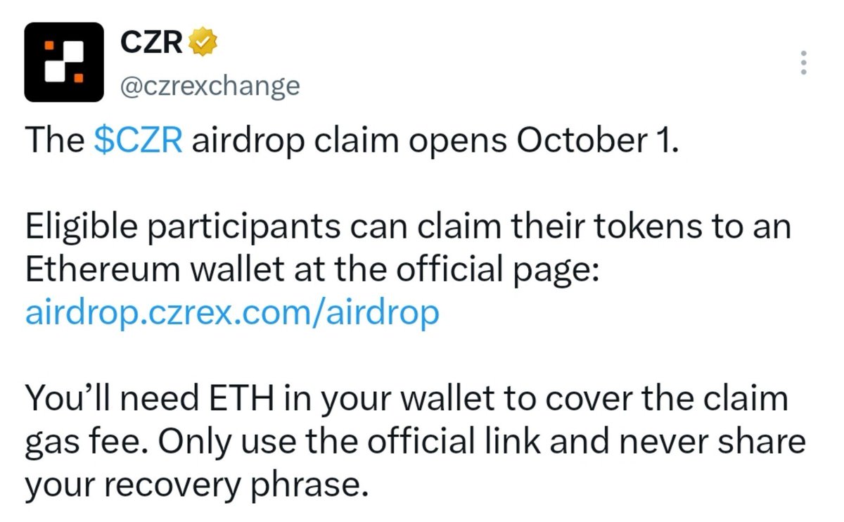 omor_abdulla's tweet photo. 🚨 $CZR AIRDROP CLAIM — OCTOBER 1 🔥😱

The $CZR Token Airdrop is coming on **October 1!** 🎁🔥
Make sure you’re ready for the claim and keep some **ETH for gas fees** ⛽️💰

🎁 **CZR Exchange Loot Offer**
💵 **$5 Coupon for Everyone!** 🔥😱

👉 Check the ongoing offer here:
https://t.co/wOVaSqCNVY

⚡️ Don’t miss the $CZR claim!
Prepare your wallet + ETH gas before claim time.

#czr #czrtoken #CZR #CZRToken #Token #Web3 #CryptoAirdrop