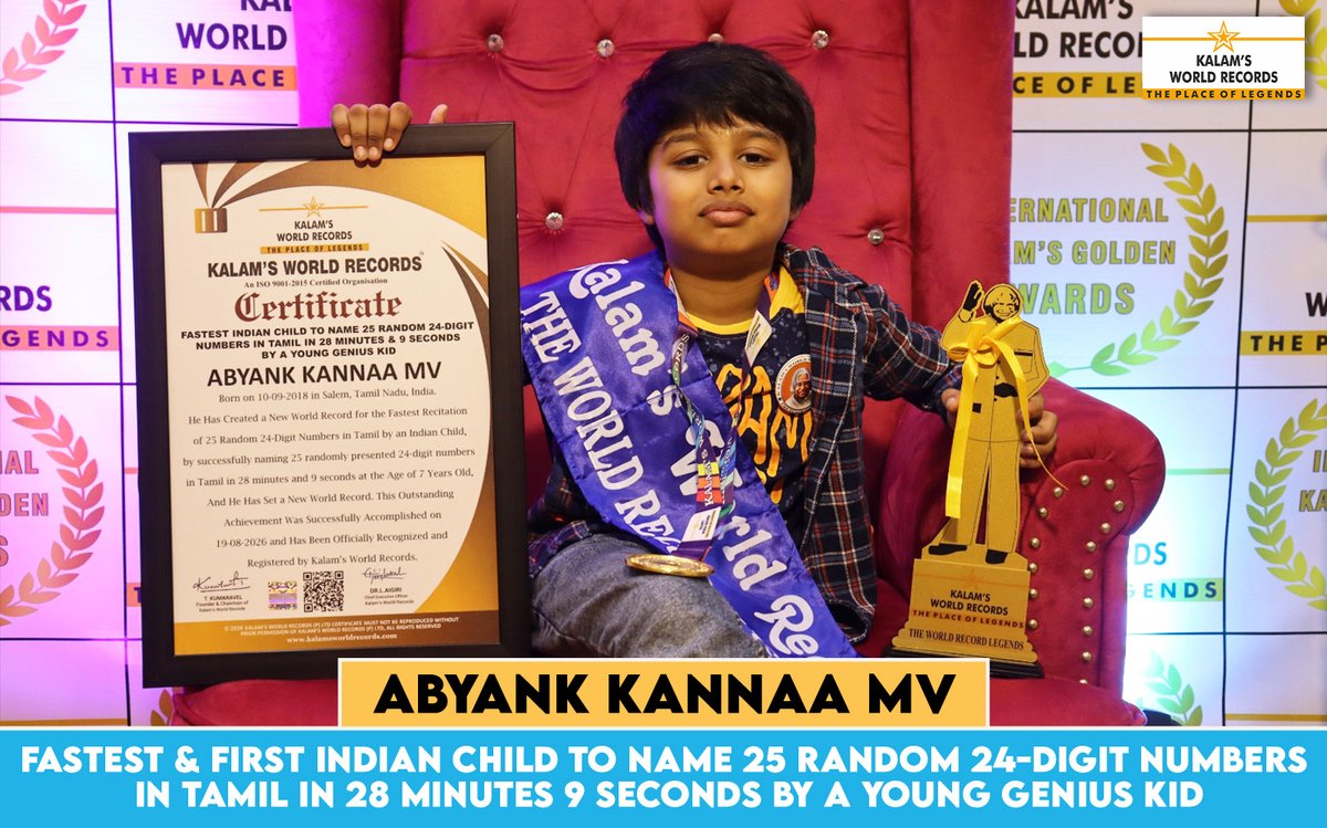 K_B_O_R's tweet photo. Fastest & First Indian Child to Name 25 Random 24-digit Numbers in Tamil in 28 Minutes 9 Seconds by a Young Genius Kid
👏 Congratulations Abyank Kannaa MV!
#Tamil #NumberRecitation #tamilrecitation https://t.co/UFb5vY4RFt