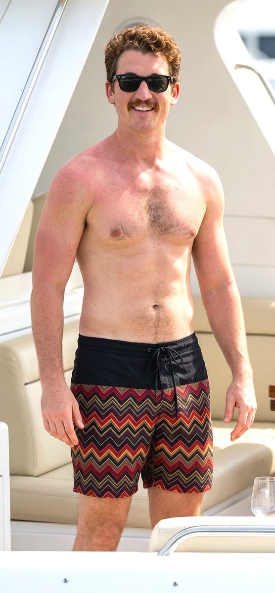 ThiiSpencer's tweet photo. Miles Teller vibes hard on the yacht with that mustache, shades, and zigzag trunks – vacation mode fully activated and looking sun-kissed cool. https://t.co/nRSfD7UCUF
