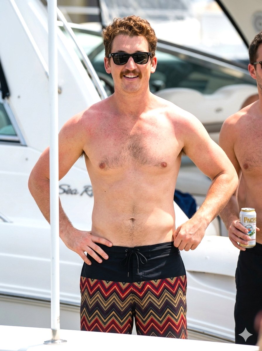 ThiiSpencer's tweet photo. Miles Teller vibes hard on the yacht with that mustache, shades, and zigzag trunks – vacation mode fully activated and looking sun-kissed cool. https://t.co/nRSfD7UCUF
