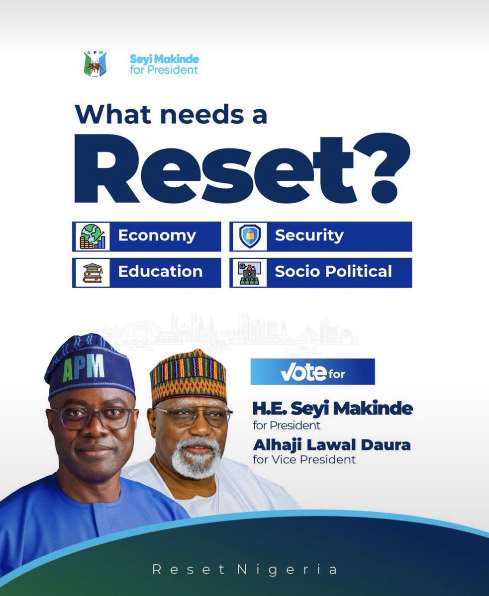 TheDiscCode's tweet photo. What needs a reset? Everything that affects our daily lives, our economy, security, education, and political system.
It’s time for real reform with a clear plan.
Vote H.E. Seyi Makinde for President &amp; Alhaji Lawal Daura for Vice President under APM.
#ResetNigeria #SeyiMakinde2027 https://t.co/GXwXi3d2Gq