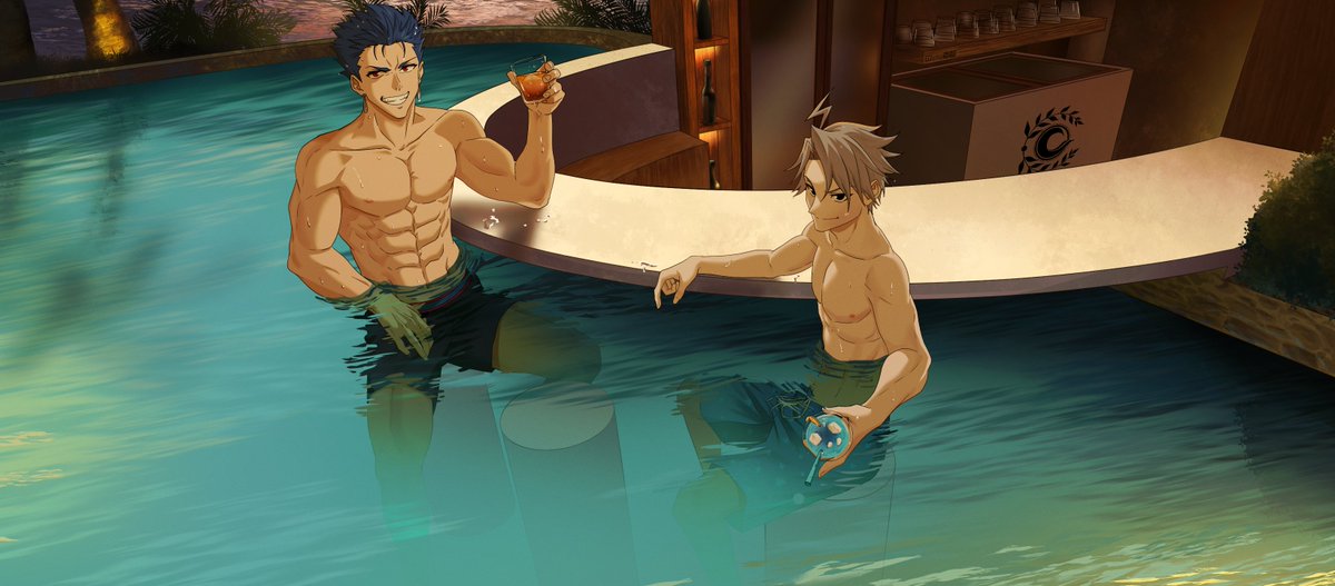 Chabibit1's tweet photo. So thankful to have been commissioned by the group Fate Husbandos on facebook for their banner art ✨
Have some Wakamori and Cu by the pool bar!
#FGO #fatego #fategrandorder #FGOJP https://t.co/zt5qdNjzhm