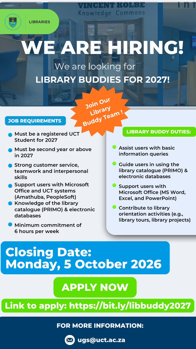 UCTLibrary's tweet photo. Apply here: https://t.co/o9f5SLgYBK https://t.co/Cj3CkbugzW