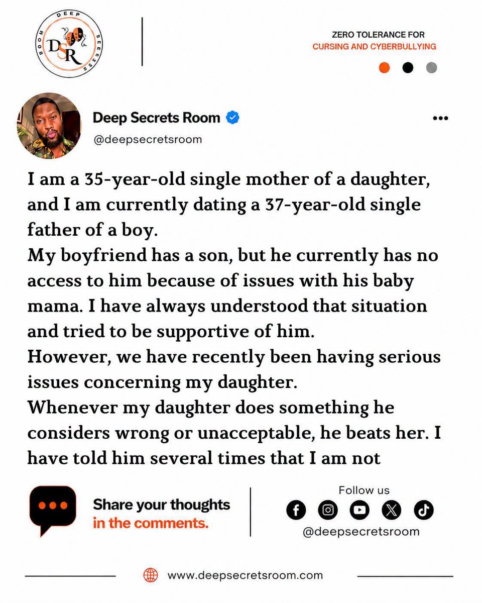 Juliusescavate's tweet photo. A man dating a single mother should understand that he is not automatically the father of her child. But that doesn't mean he should have no authority to correct a child who is living under the same roof with him.

A relationship is about partnership, and partnership requires mutual respect. If a woman expects a man to accept the responsibilities that come with dating her, she should also be willing to discuss the responsibilities and boundaries that come with raising a child together.

However, there is a difference between correcting a child and beating a child. A man doesn't have to use violence to demonstrate authority, and no child should be subjected to physical abuse.

The woman also needs to understand that constantly undermining her partner whenever he tries to address a child's unacceptable behaviour can create serious problems in the relationship. At the same time, the man must understand that being a partner doesn't give him unlimited power over someone else's child.

The real issue here is not who has the greater authority. It is whether two adults can agree on how to raise a child, respect each other's boundaries and protect the child's well-being.

If they cannot agree on something as fundamental as this, ending the relationship may be the most sensible decision. A child should not have to live in the middle of a constant power struggle between two adults.