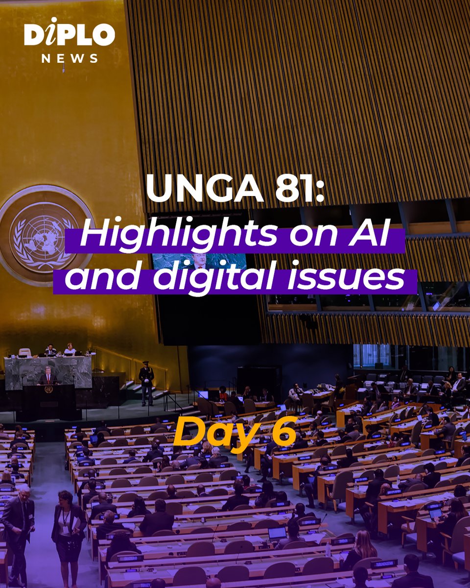 DiplomacyEdu's tweet photo. UNGA81, final day of the General Debate: the message on AI and digital issues was clear. Technology is racing ahead of governance. 

The big question wasn't what AI can do, but who benefits. Speakers warned of a new digital divide and called for inclusive, human-centred governance.

Read our Day 6 overview 👇
https://t.co/ZLTvL00aG7 
.
.
#UNGA81 #AI #DigitalGovernance