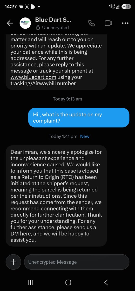 roboIOTers's tweet photo. @BlueDartCares This is what you have responded 

Meaning if the delivery is in a muslim locality, your delivery guy can refuse ti deliver and rather return the parcel tha. To deliver it. 
Pathetic Islamophobic racist culture in @BlueDartCares .

Will take this up through consumer forum https://t.co/rdJoTPMbfQ