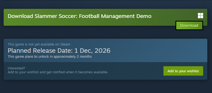 SlammerSoccer's tweet photo. Release date is set. December 1st 2026!
Try the demo and wishlist now!
#SlammerSoccer #SteamNextFest #FootballGame #IndieGame #IndieDev #FootballManager https://t.co/n2xT7mm6aO