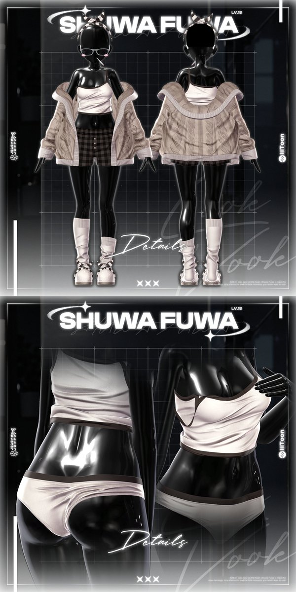 LookVook_VRC's tweet photo. 🩷#LookVook 新作
『𝐋𝐕.𝟏𝟖 Shuwa_Fuwa🪥』

一日の終わり。
カーディガンをゆるく羽織って、
歯ブラシをくわえたまま。

寝る支度をしながら、
もう少しだけ、のんびりと。
そんな夜のおうち時間を楽しむ、
LookVookの新しいホームウェア。

🧩 Parts & Styling

肩を落として、ゆるく羽織るケーブルニットのカーディガン。
その下に合わせるのは、
体に沿うラグランシャツと、
片方の肩紐が落ちたキャミソール。

ボトムスには、
彼から借りたようなボクサーパンツと、
片側がくるっとめくれたショーツを。

今回も、トップス2種類 × ボトムス2種類。
ふたつのコーデをひとつに詰め込んだような、
着回しをたっぷり楽しめる構成です。

シャツにボクサーパンツを合わせたり、
キャミソールとショーツで軽くまとめたり。
もちろん、上下を入れ替えても。

ゆったり着たい日も、
すっきりまとめたい日も。
その日の気分で選んで、組み替えて、
自分好みのおうちスタイルに。

くるりとひと巻きねじったワイヤーヘアバンド。
遊び心のあるメガネと、口にくわえた歯ブラシ。
左右で丈の違うソックスに、スリッパまで。

少し気の抜けた着こなしを、
小物まで合わせて楽しめます。

🎨 Variations

やわらかなベージュや、落ち着いたモノトーン。
配色がアクセントになるラグランシャツに、
カジュアルなチェック柄のボクサーパンツ。

今回の予告写真でお見せしているのは、
『Shuwa_Fuwa』のほんの一部。

写真に載せきれなかったバリエーションも、
ひとつずつこだわって、たっぷりご用意しました。

トップスとボトムスの組み合わせに、
色や柄を選ぶ楽しさも重ねて。
まだお見せしていないスタイルにも、
ぜひご期待ください。

ふわっと羽織って、ほっとひと息。
おやすみまでの時間を、お気に入りの部屋着で。

『𝐋𝐕.𝟏𝟖 Shuwa_Fuwa🪥』

Coming Soon.

#VRChat #VRC #booth_pm #BOOTH #unity3d