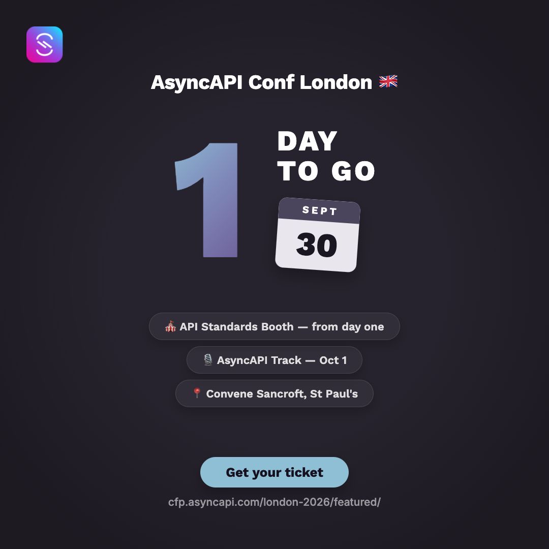 AsyncAPISpec's tweet photo. Tomorrow: London 🇬🇧💜
Booth ready. Track loaded for Thursday.
Find us at the API Standards Booth from day one!
https://t.co/LzZnZuv9Al
#AsyncAPI #London #APIdays https://t.co/SbsvueMU3S