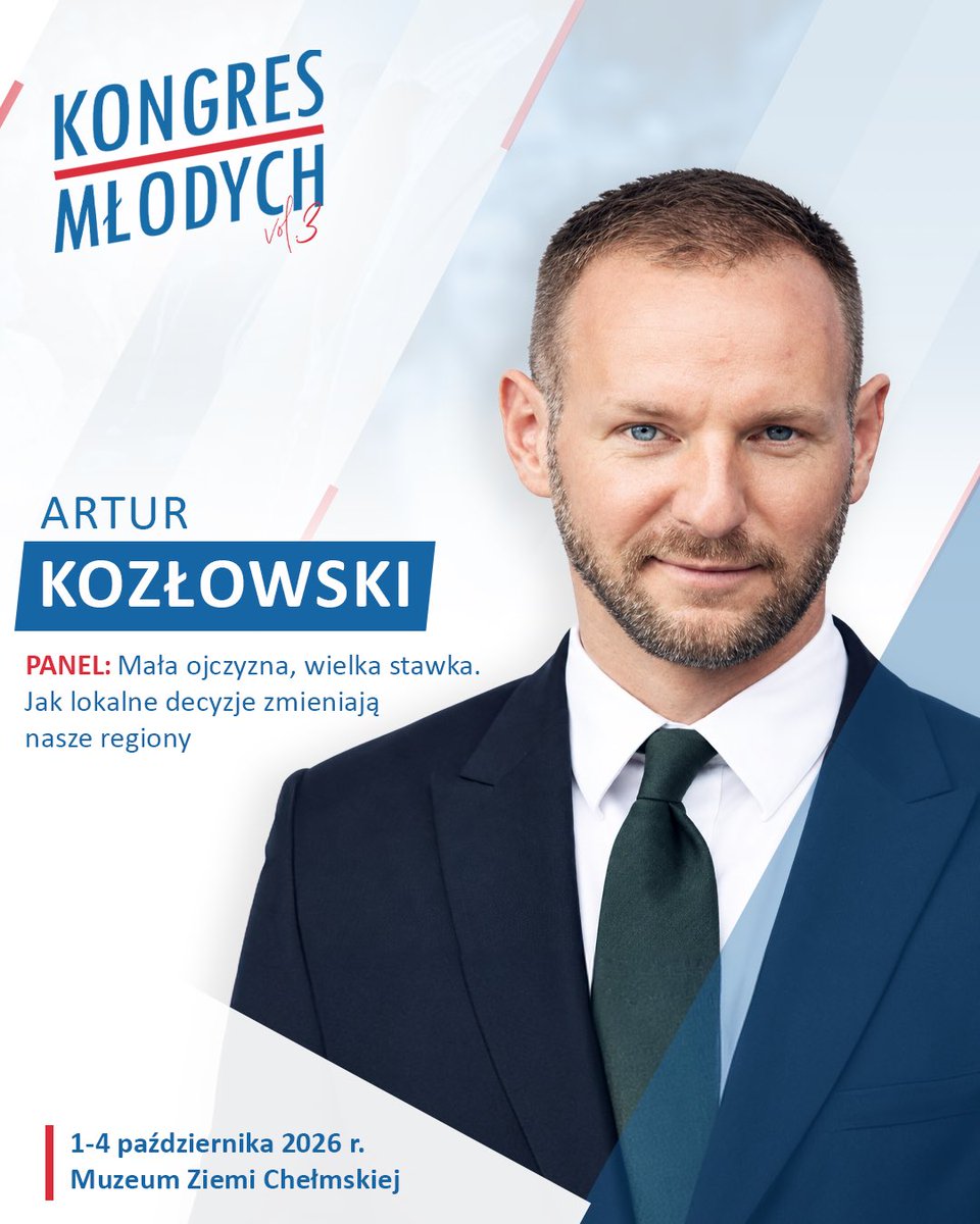 nowaPLorg's tweet photo. 🔥 Kolejny wyjątkowy gość Kongresu Młodych w Chełmie!  
🎤 Artur Kozłowski - Wicestarosta Ostrołęcki

📍 Muzeum Ziemi Chełmskiej
📅 1-4 października 2026 r. https://t.co/tbQt3HIvhO