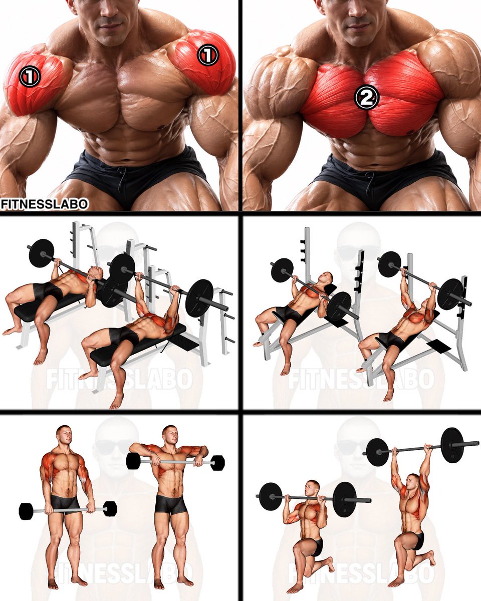 fitnesslaboX's tweet photo. ✅ Build Bigger Shoulders & Chest With These 4 Moves
① Barbell Bench Press
② Incline Barbell Bench Press
③ Barbell Upright Row
④ Barbell Overhead Press
3 sets × 8–12 reps
#FITNESSLABO #ChestWorkout #ShoulderWorkout #MuscleBuilding #GymWorkout #StrengthTraining https://t.co/Th3iMHxMMd