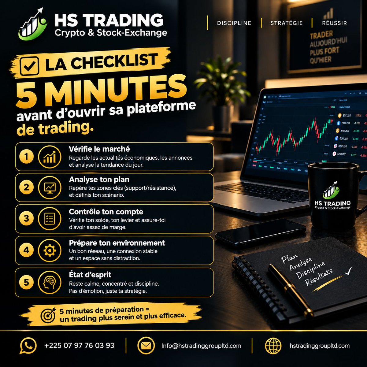 SebastienNHien1's tweet photo. "Trader aujourd'hui, plus fort qu'hier." 

La checklist 5 minutes avant chaque session : marché, plan, compte, environnement, état d'esprit. 

HS Trading vous guide vers un trading plus serein. 

Commentez "INTÉRESSÉ"

 #HSTradingGroup #ChecklistTrading #TradingDiscipline https://t.co/ayjikJCkqQ