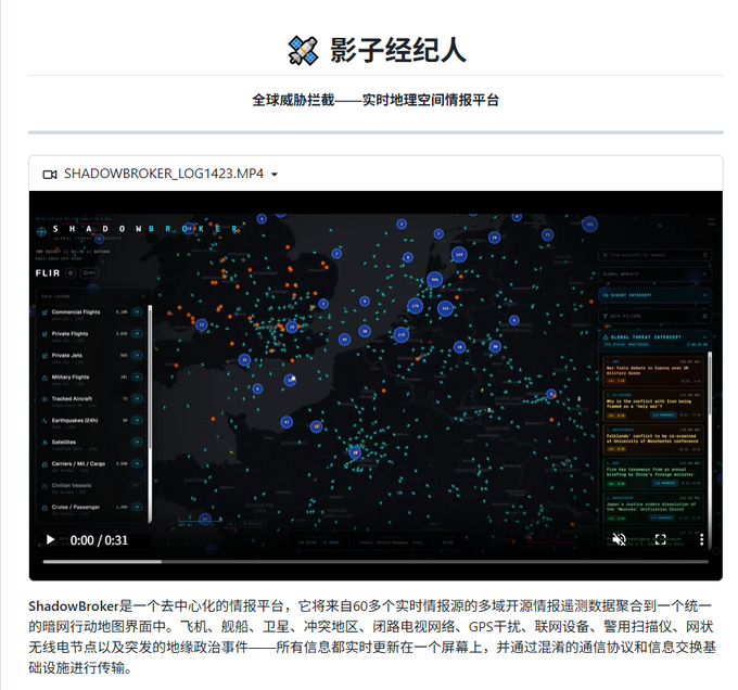 A webpage from '影子经纪人' (Shadow Broker) displaying a video interface and text describing a decentralized intelligence platform that aggregates data from over 60 sources, including flights, ships, and GPS trackers, onto a real-time global map.