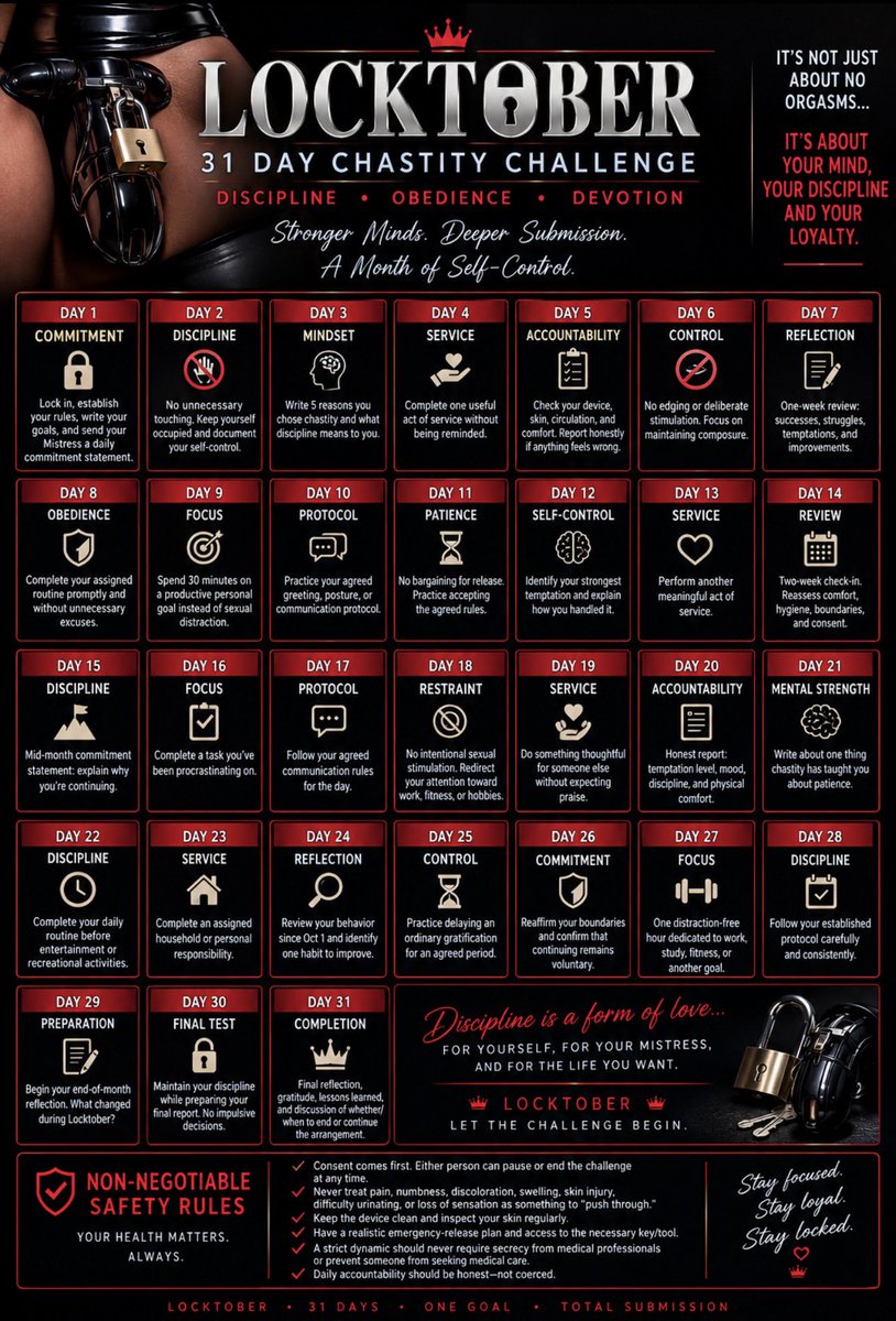 Dominatemonica's tweet photo. My Strict Locktober Calendar for My Devoted Subs 🖤🔒

Apply now to participate https://t.co/oKPZ7pTep0