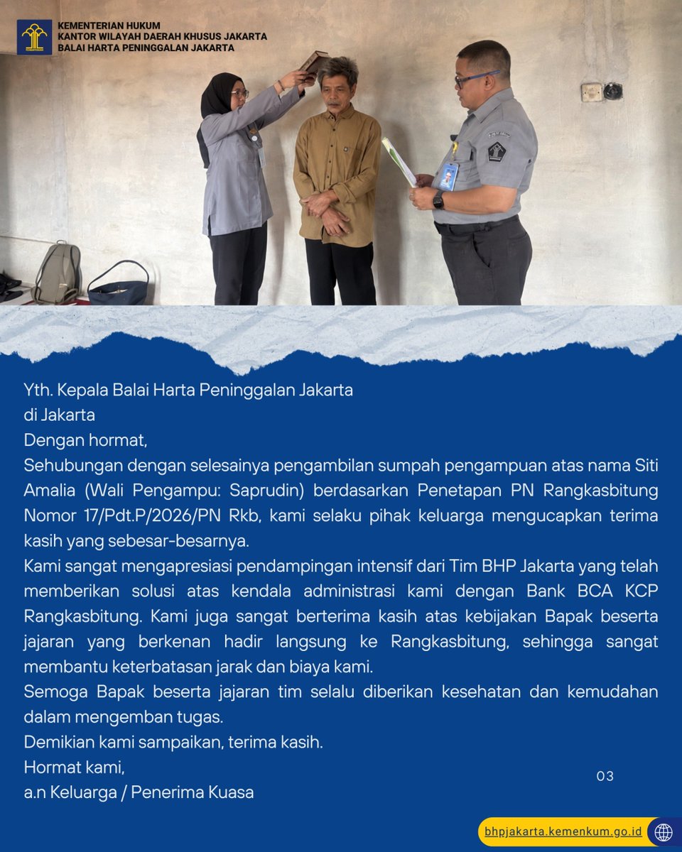 JakartaBhp's tweet photo. Siap hadir langsung mendampingi masyarakat hingga ke Rangkasbitung untuk proses pengampuan. 
Kepercayaan Anda adalah motivasi terbesar kami untuk terus menghadirkan pelayanan publik yang humanis dan solutif!✨

Komitmen ini akan terus kami jaga demi memberikan kemudahan dan kepastian hukum bagi Anda🤝

#KementerianHukum #LayananHukumMakinMudah #KemenkumDKJakarta