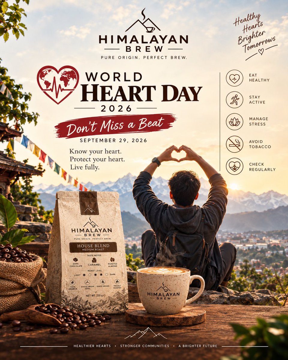 Brew_himalayan's tweet photo. ❤️ Don’t Miss a Beat.

This World Heart Day, take a moment to care for the heart that keeps you moving every day.

Know your heart. Protect your heart. Live fully.

🌿 Eat well • Stay active • Manage stress • Avoid tobacco • Get regular checkups

☕ Himalayan Brew https://t.co/TliwriTerl