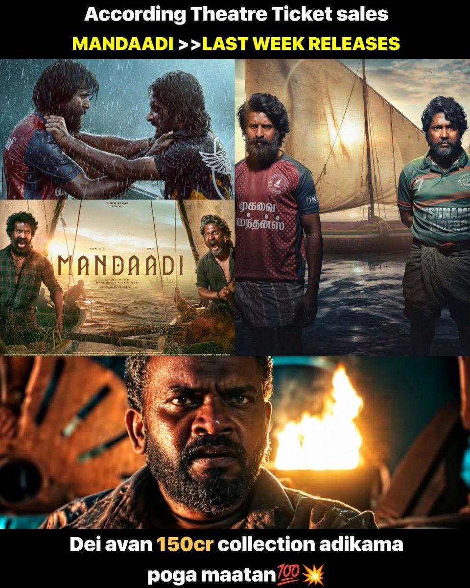 Deepak_trends's tweet photo. #Mandaadi 

Theatre ticket sales-ல கூட last week releases-ஐ விட strong-aa perform பண்ணிட்டு இருக்கு.

Soori-oda mass transformation + powerful performances + sea backdrop… audience response semma strong.

“₹150 Cr போகுமா?”ன்னு பேச வைக்கும் அளவுக்கு momentum இருக்கு!

#Soori https://t.co/LNar5ARaHs